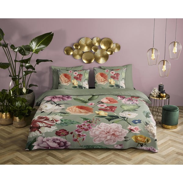Zöld kétszemélyes-hosszabbított pamut-szatén ágyneműhuzat 200x220 cm Fiori – Descanso-image-1