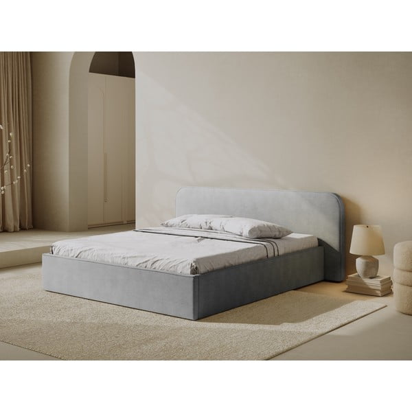 Világosszürke kárpitozott ágyneműtartós franciaágy ágyráccsal 140x200 cm Elizabeth – Micadoni -image-1