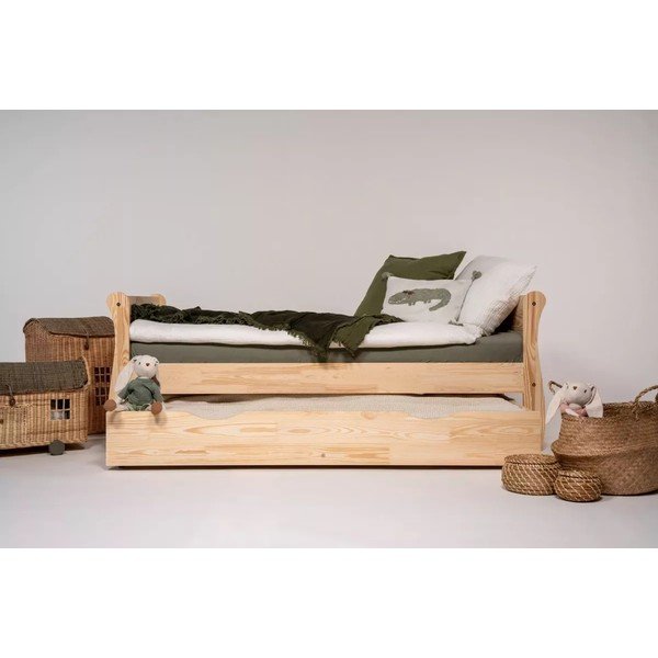 Natúr színű borovi fenyő ágyneműtartós gyerekágy kihúzható pótággyal, ágyráccsal 90x190 cm Roma – Adeko-image-3