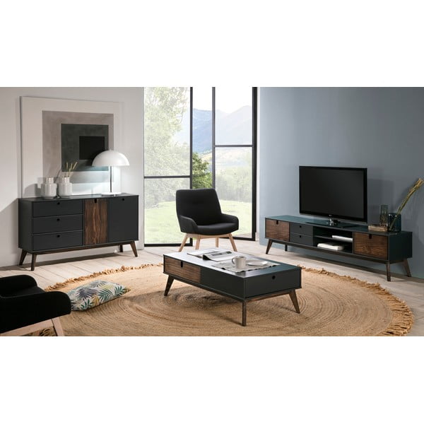 Kiara antracitszürke dohányzóasztal 2 fiókkal és borovi fenyő lábakkal - Marckeric-image-1