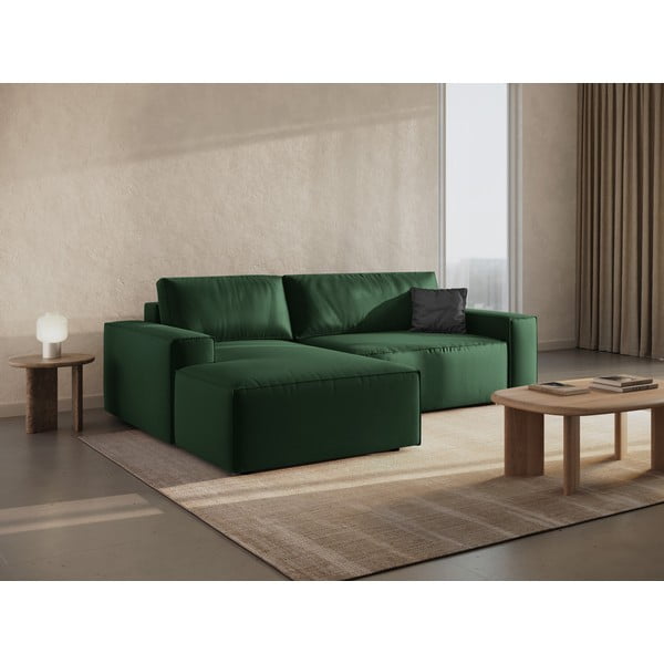 Sötétzöld bársony kinyitható-tárolóhelyes sarokkanapé (bal oldali-heverő résszel) Jodie – Micadoni -image-1