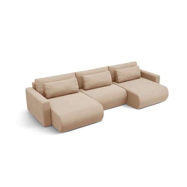 Világosbarna bársony kinyitható tárolóhelyes sarokkanapé (U alakú)  Belfast – Cosmopolitan Design-image-2