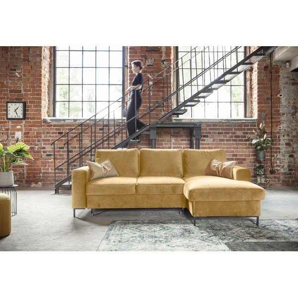 Lofty Lilly mustársárga kinyitható bársony sarokkanapé, jobb oldali - Miuform-image-1