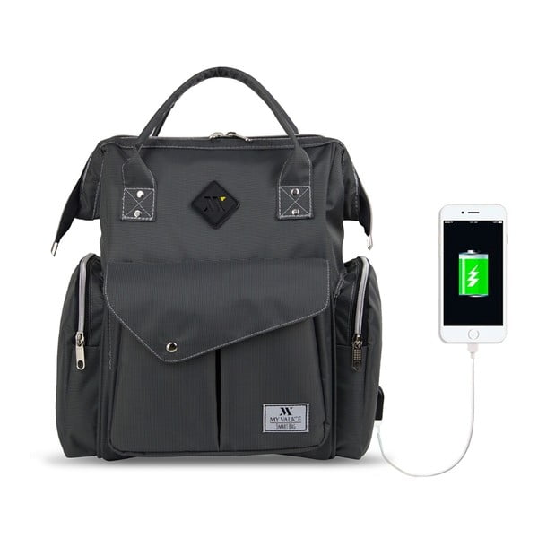 HAPPY MOM Baby Care Backpack antracitszürke hátizsák anyukáknak USB csatlakozóval - My Valice-image-4