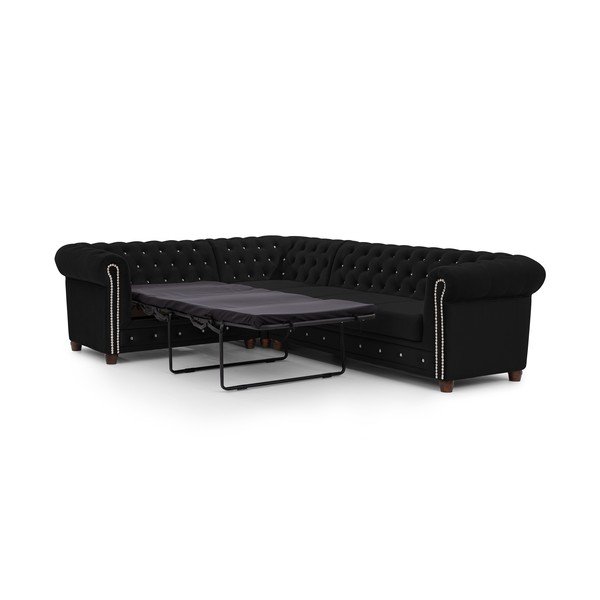 Fekete bársony kinyitható sarokkanapé (bal oldali-L alakú) York Blik – Ropez-image-2