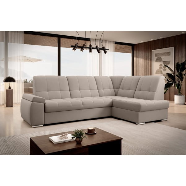 Bézs bársony kinyitható-tárolóhelyes sarokkanapé (jobb oldali-L alakú) Sado – ELTAP-image-4