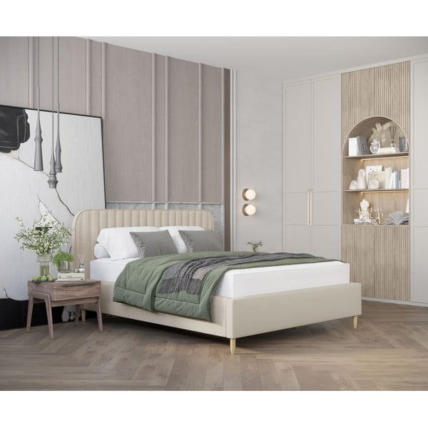 Bézs kárpitozott ágyneműtartós franciaágy ágyráccsal 160x200 cm Noto – Maison de Rêve-image-1