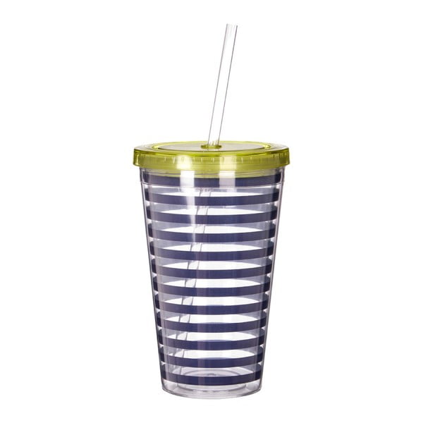 Mimo kék-fehér csíkos pohár zöld fedéllel, 450 ml - Premier Housewares