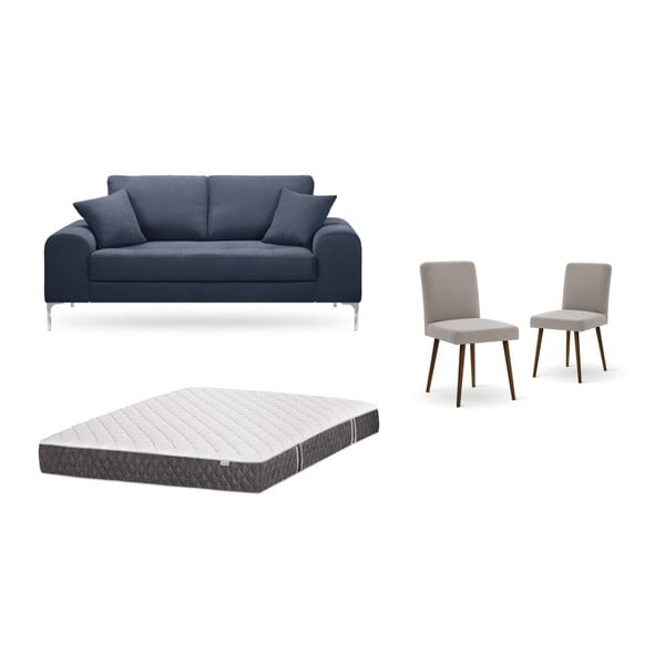 Sötétkék, kétszemélyes kanapé, 2 db szürkésbézs szék, matrac (140 x 200 cm) szett- Home Essentials