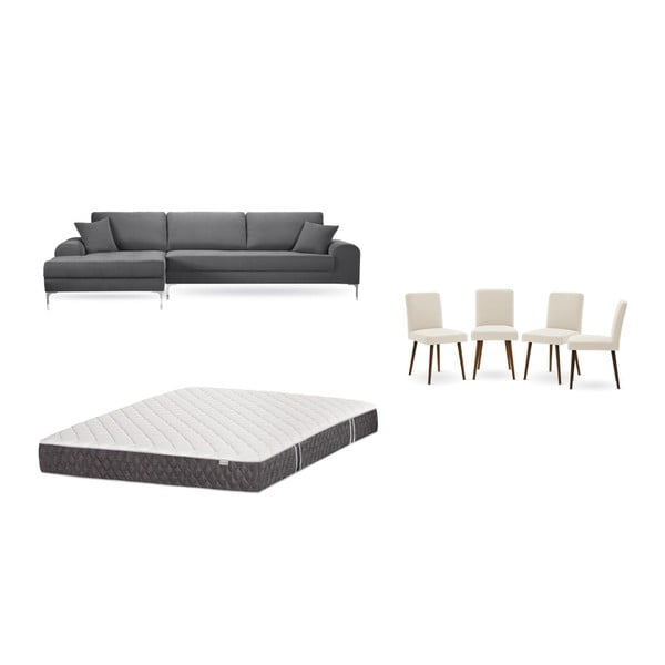 Szürke baloldali sarokkanapé, 4 db krémszínű szék, matrac (160 x 200 cm) szett - Home Essentials