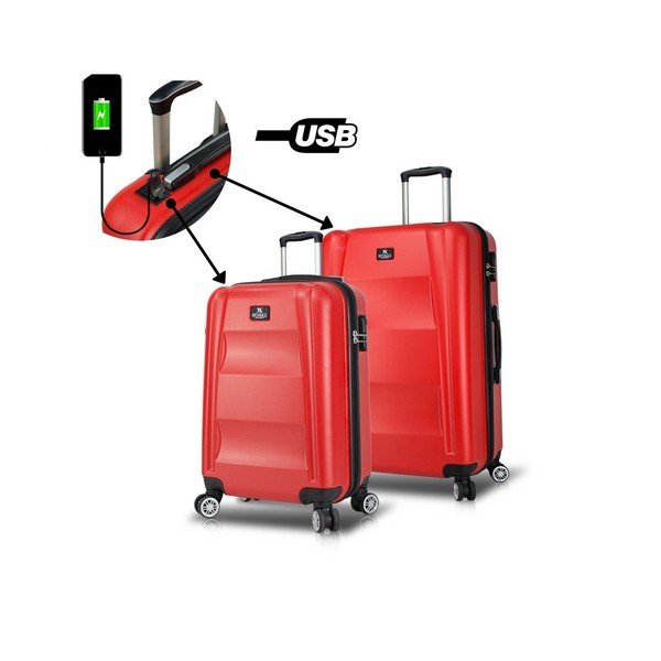 LASSO Cabin & Medium 2 piros görgős bőrönd USB csatlakozóval - My Valice-image-1