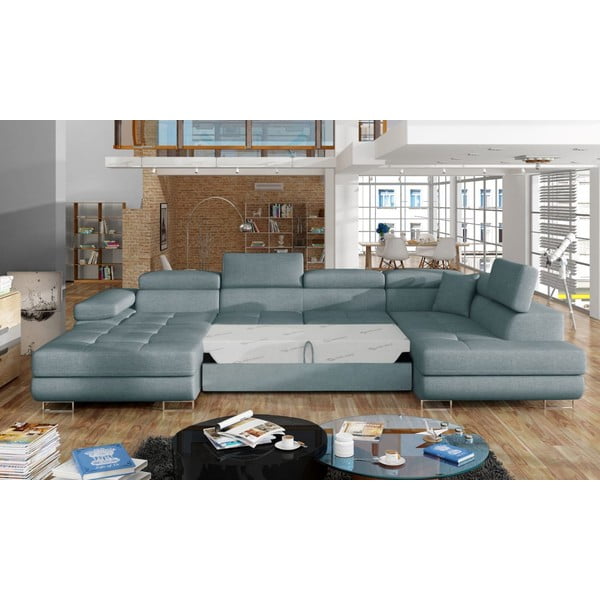 Világoskék kinyitható-tárolóhelyes sarokkanapé (jobb oldali-U alakú) Rodrigo – ELTAP-image-2