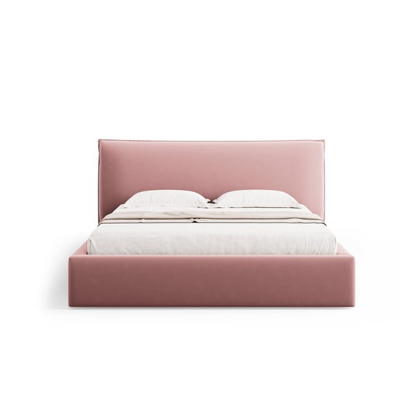 Rózsaszín kárpitozott ágyneműtartós franciaágy ágyráccsal 160x200 cm Elio – Milo Casa-image-3