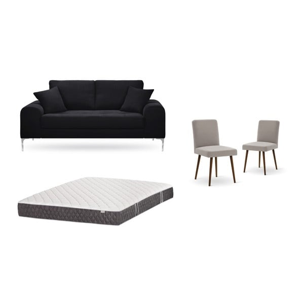 Fekete, kétszemélyes kanapé, 2 db szürkésbézs szék, matrac (140 x 200 cm) szett - Home Essentials