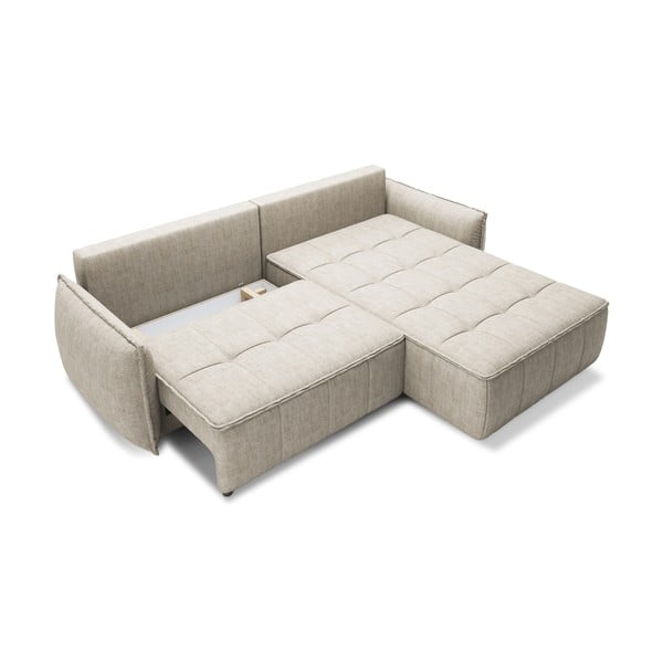 Bézs bársony kinyitható-tárolóhelyes sarokkanapé (jobb oldali-heverő résszel) Campo – ELTAP-image-2