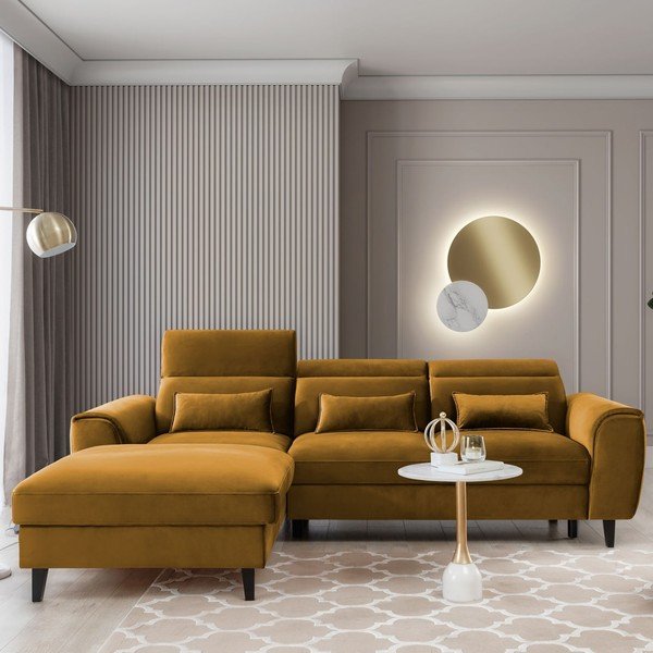 Sárga bársony kinyitható-tárolóhelyes sarokkanapé (bal oldali-heverő résszel) Foble – ELTAP-image-1