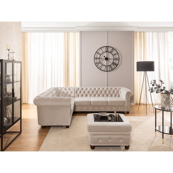 Bézs bársony kinyitható sarokkanapé (bal oldali-L alakú) York Blik – Ropez-image-4