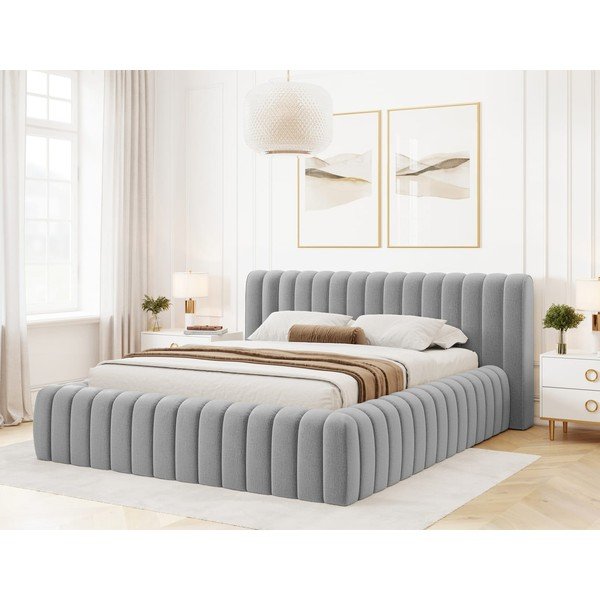 Világosszürke kárpitozott ágyneműtartós franciaágy ágyráccsal 140x200 cm Carilla – ELTAP-image-1