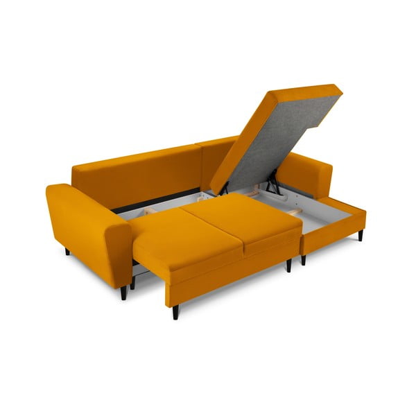 Mustársárga kordbársony kinyitható tárolóhelyes sarokkanapé (jobb oldali-heverő résszel) Kyoto – Cosmopolitan Design-image-3