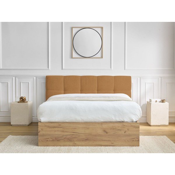 Okkersárga kárpitozott kárpitozott-forgácslemez ágyneműtartós franciaágy ágyráccsal 180x200 cm Kumo – Bobochic Paris-image-3