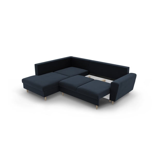 Sötétkék bársony kinyitható tárolóhelyes sarokkanapé (bal oldali-L alakú) Kyoto – Cosmopolitan Design-image-3