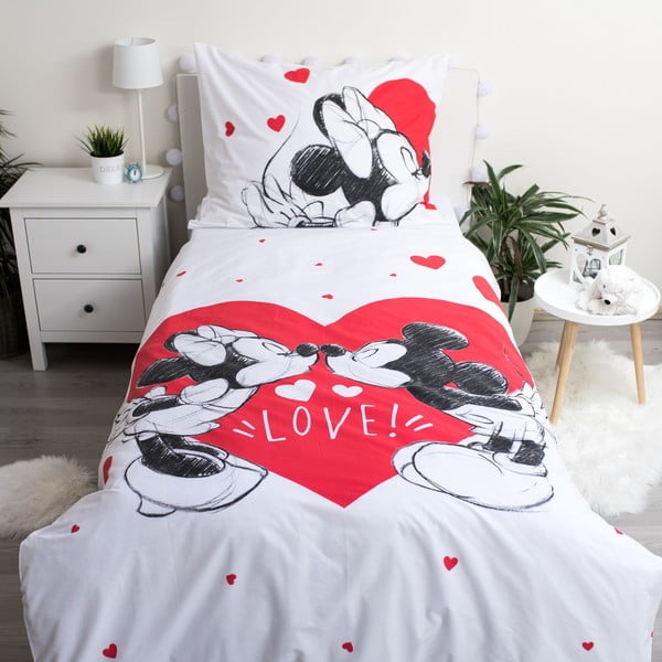 Piros-fehér egyszemélyes pamut gyerek ágyneműhuzat 140x200 cm Mickey and Minnie "Love" – Jerry Fabrics-image-1