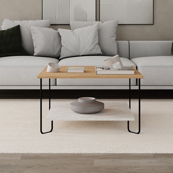 Fehér-natúr színű dohányzóasztal tölgyfa dekoros asztallappal 80x80 cm Tonka – Marckeric-image-4