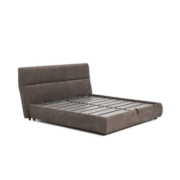 Sötétbarna kárpitozott ágyneműtartós zsenília franciaágy ágyráccsal 180x200 cm Dafra – Kave Home