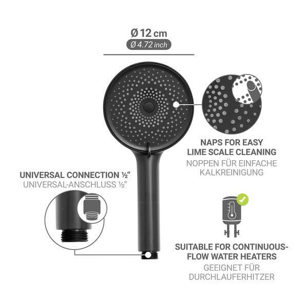Matt fekete műanyag zuhanyfej ø 12 cm Softwater – Wenko-image-3