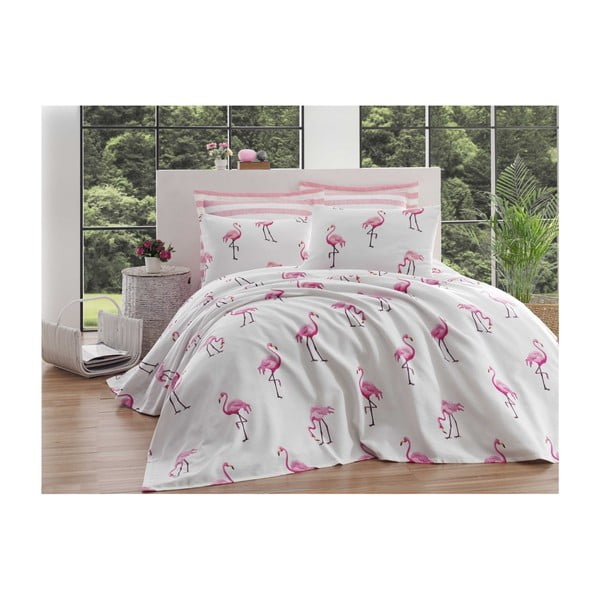 Flamingo fehér egyszemélyes pamut ágytakaró, 140 x 200 cm