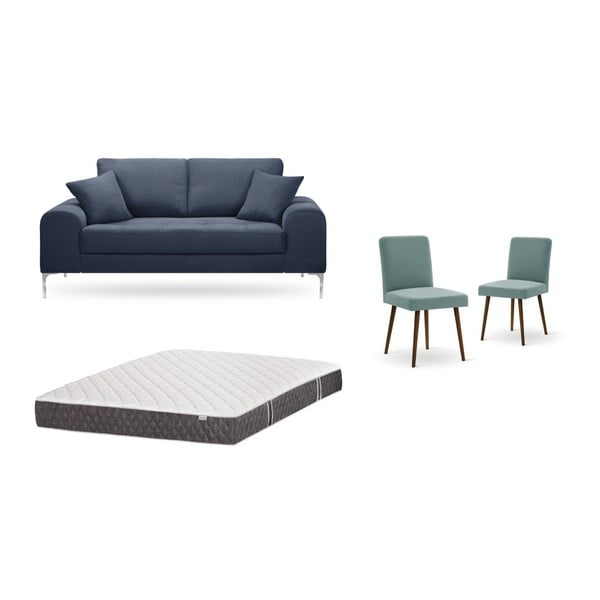 Sötétkék, kétszemélyes kanapé, 2 db szürkészöld szék, matrac (140 x 200 cm) szett - Home Essentials
