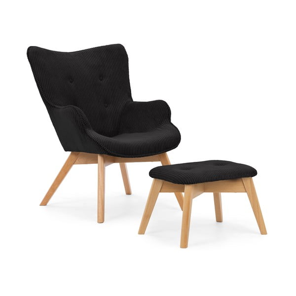 Fekete kordbársony fotel lábtartóval Niko – Ropez