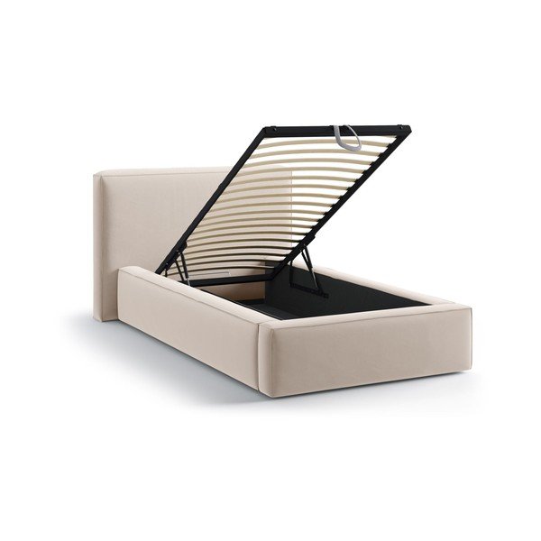 Bézs kárpitozott ágyneműtartós egyszemélyes ágy ágyráccsal 90x200 cm Jodie – Micadoni -image-1
