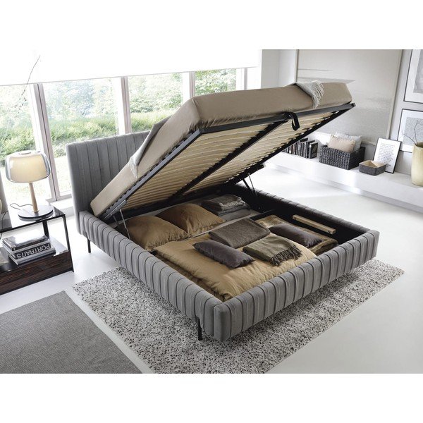 Szürke kárpitozott ágyneműtartós franciaágy ágyráccsal 160x200 cm Plissa – ELTAP-image-2