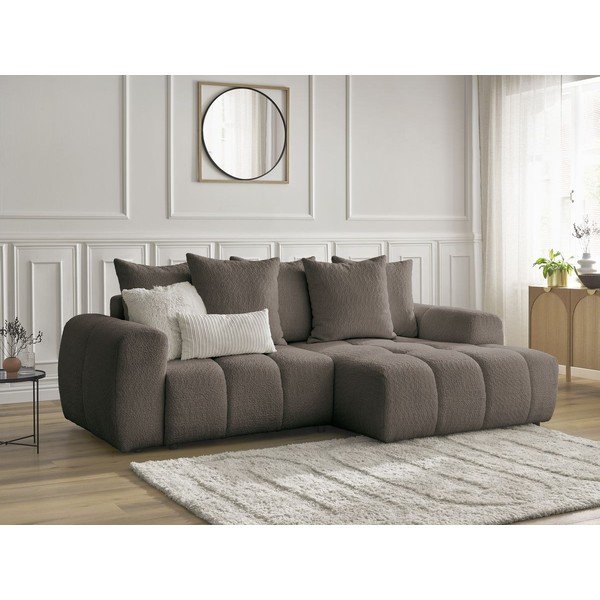 Barna buklé kinyitható-tárolóhelyes sarokkanapé (jobb oldali-heverő résszel) Roxelane – Bobochic Paris-image-3