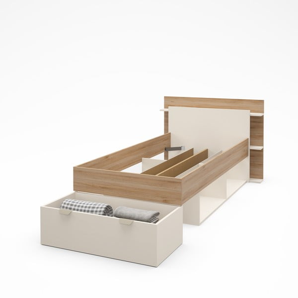 Fehér-natúr színű ágyneműtartós egyszemélyes ágy ágyrács nélkül, tölgyfa dekorral  90x200 cm Albo – Marckeric-image-4