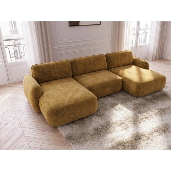 Sárga bársony kinyitható-tárolóhelyes (U alakú) sarokkanapé Celeste – Bobochic Paris-image-2