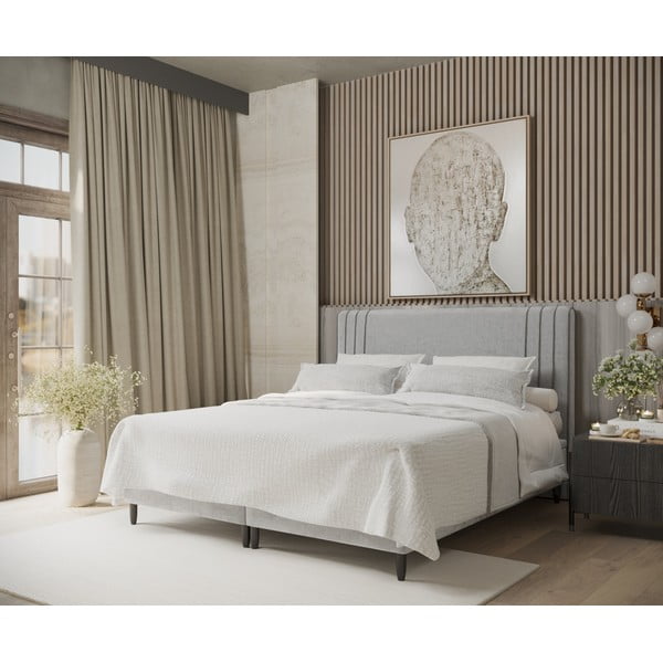 Szürke kárpitozott ágyneműtartós franciaágy 140x200 cm Musca – Maison de Rêve-image-1