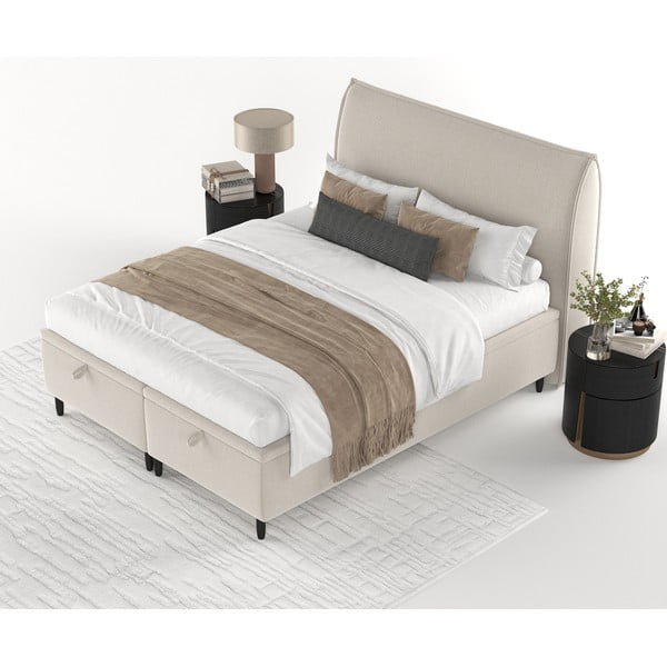 Bézs kárpitozott ágyneműtartós franciaágy 160x200 cm Pearl – Maison de Rêve-image-4