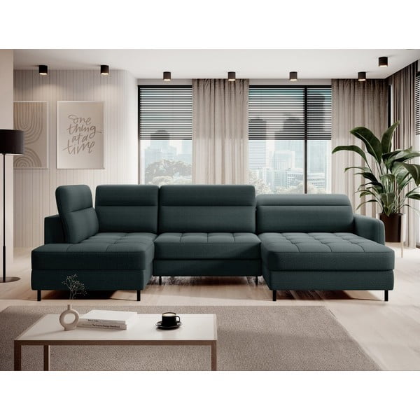 Zöld bársony kinyitható-tárolóhelyes sarokkanapé (bal oldali-U alakú) Berrto – ELTAP-image-1