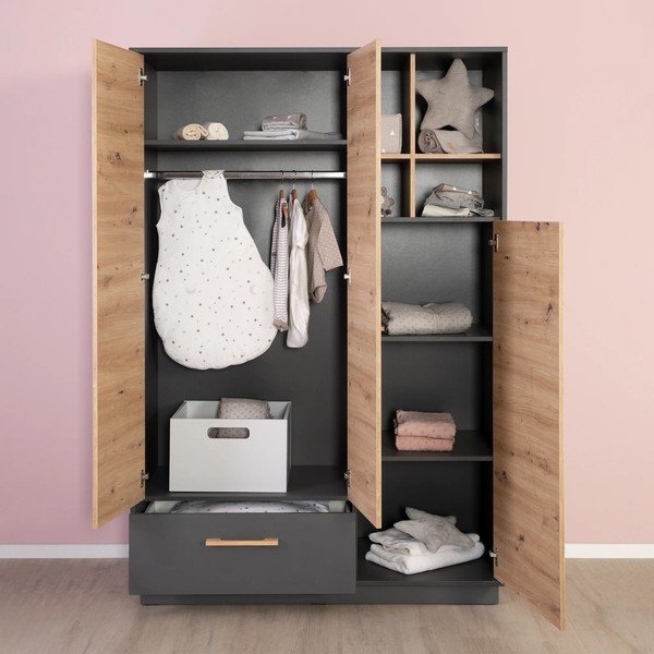 Antracitszürke-natúr színű gyerek ruhásszekrény tölgyfa dekorral 132x195 cm Lenn – Roba-image-1