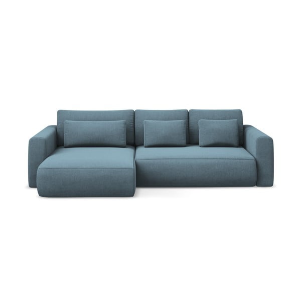 Világoskék kinyitható-tárolóhelyes sarokkanapé (bal oldali-heverő résszel) Kapua – Makamii