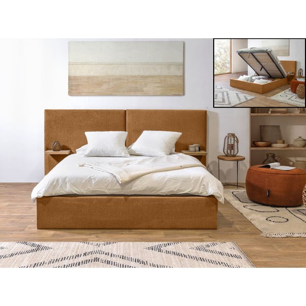 Okkersárga kárpitozott franciaágy tárolóhellyel ágyráccsal 160x200 cm Blandine – Bobochic Paris-image-1