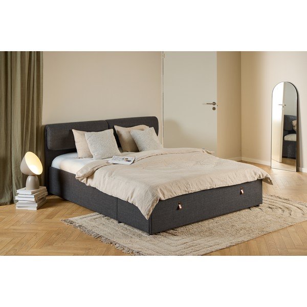 Sötétszürke kárpitozott ágyneműtartós franciaágy ágyráccsal 160x200 cm Calvi – Actona-image-1