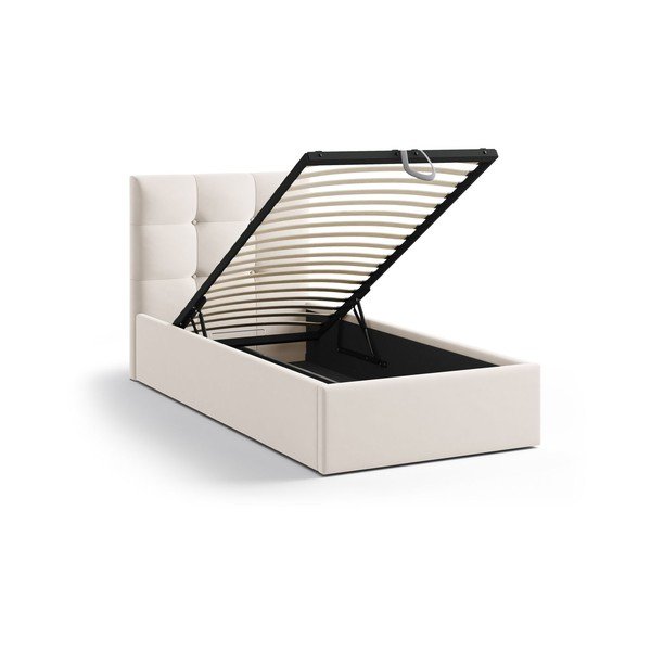 Krémszínű kárpitozott ágyneműtartós egyszemélyes ágy ágyráccsal 90x200 cm Phaedra – Micadoni -image-1