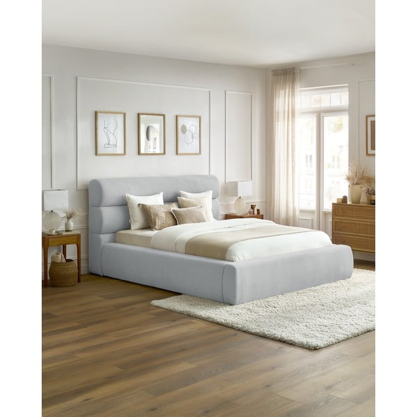 Világosszürke kárpitozott franciaágy tárolóhellyel, ágyráccsal 160x200 cm Jagna – Bobochic Paris-image-1