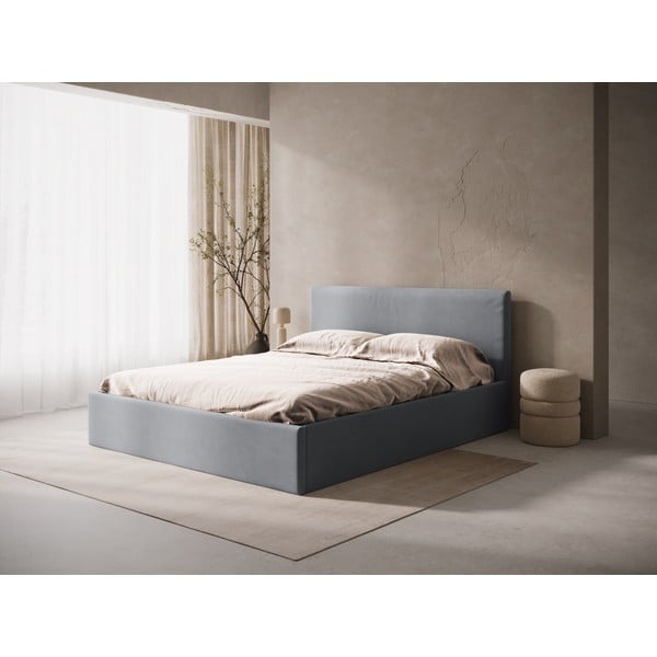 Szürke kárpitozott ágyneműtartós-ágytámla nélkül franciaágy ágyráccsal 160x200 cm Susan – Micadoni -image-1