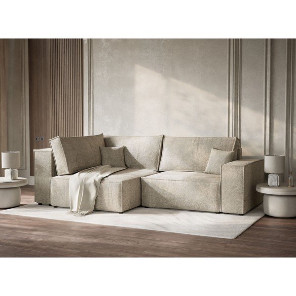 Bézs zsenília kinyitható-tárolóhelyes sarokkanapé (bal oldali-L alakú) Tonga – Maison de Rêve-image-4