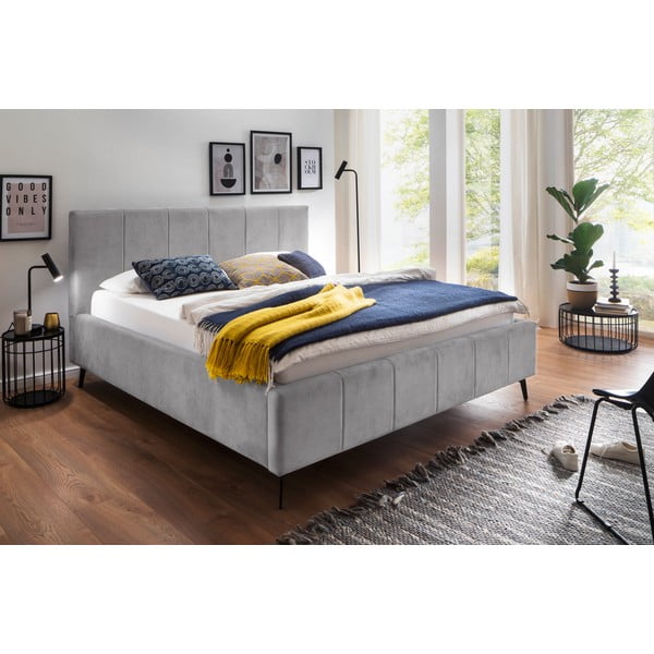 Világosszürke kárpitozott ágyneműtartós franciaágy ágyráccsal 160x200 cm Lizzano – Meise Möbel-image-1