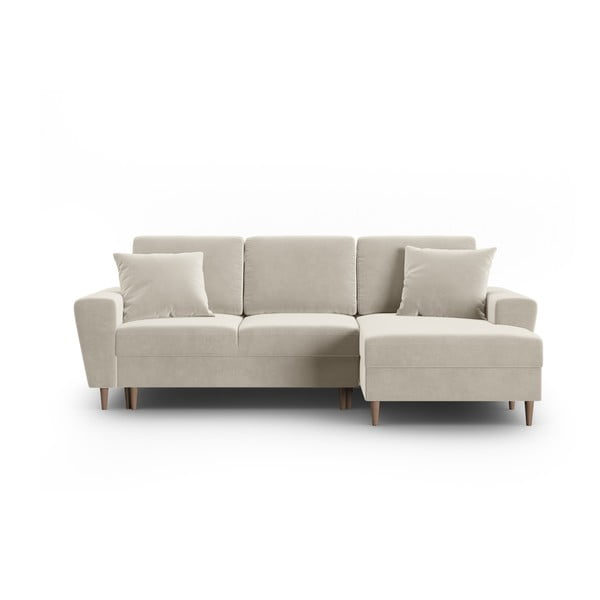 Bézs bársony kinyitható tárolóhelyes sarokkanapé (jobb oldali-heverő résszel) Kyoto – Cosmopolitan Design
